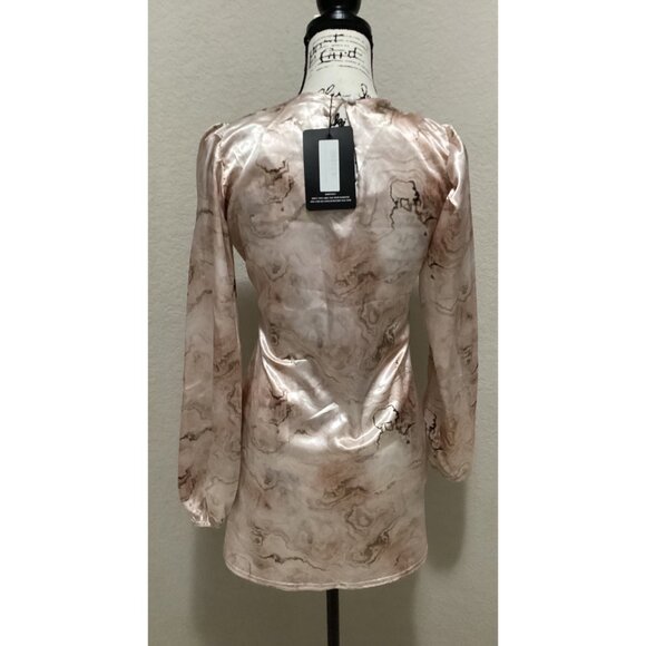 Elegant Marble-Print Satin Blouse With Long Sleeves & Round Neckline Size 2 - Picture 4 of 5